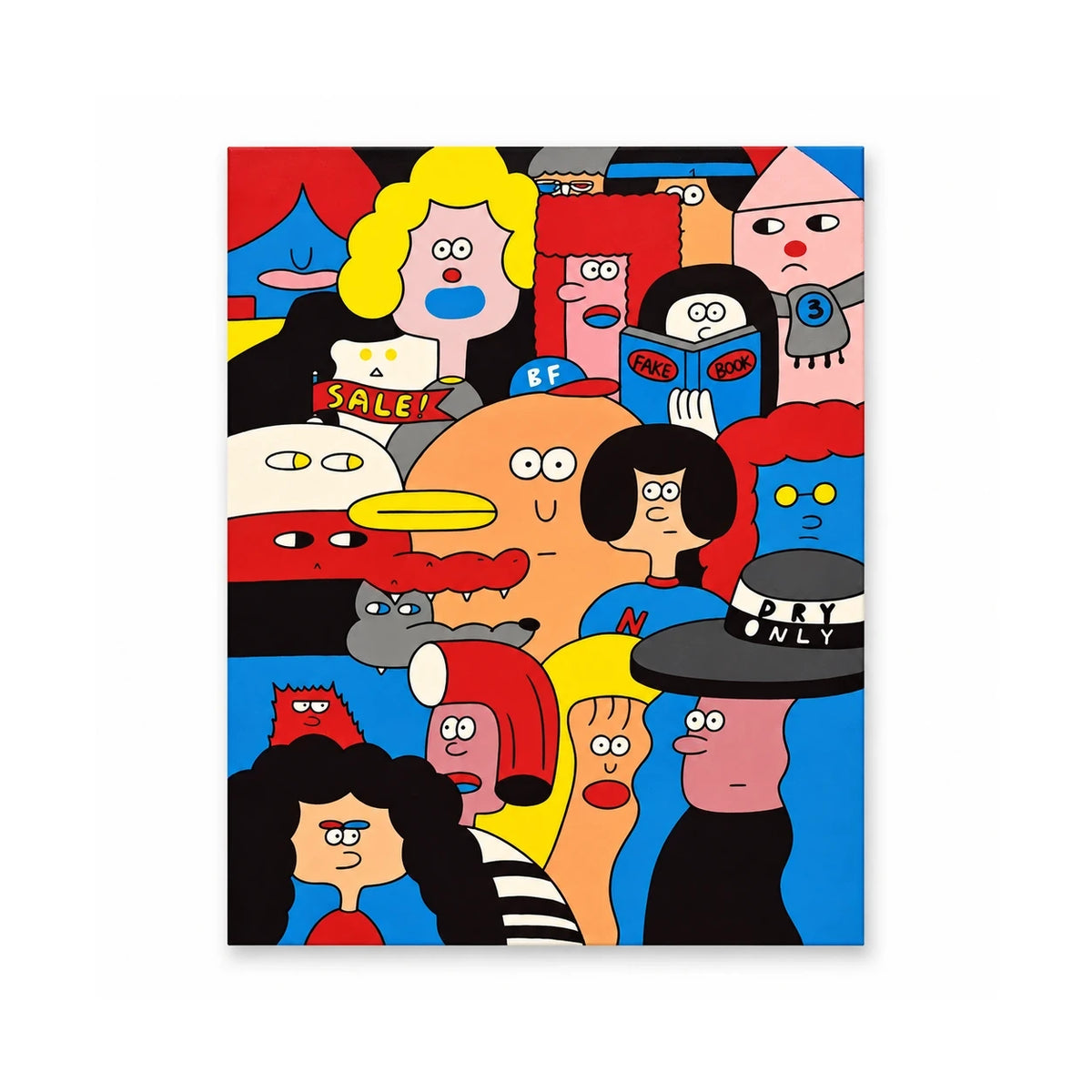 Colorful Cartoon Faces Pop Art paint by numbers artwork on a front-facing canvas against a white background
