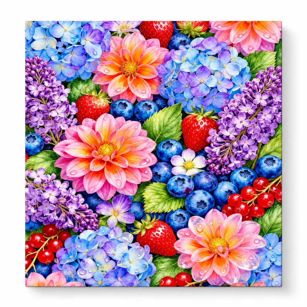 Colorful Dahlias Hydrangeas and Berries paint by numbers artwork on a front-facing canvas against a white background