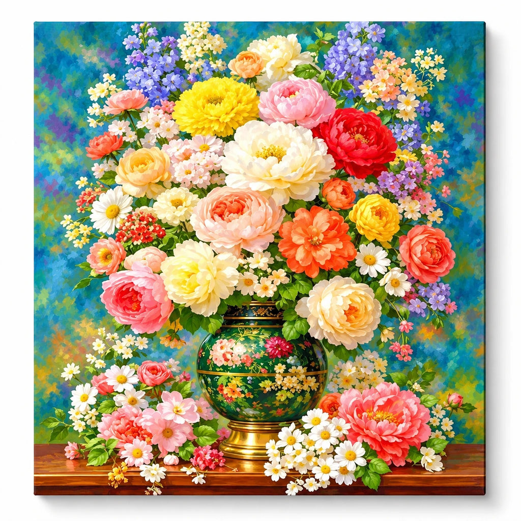 Colorful Flower Vase Bouquet paint by numbers artwork on a front-facing canvas against a white background