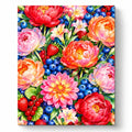 Colorful Peony and Berry Bouquet paint by numbers artwork on a front-facing canvas against a white background