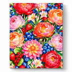 Colorful Peony and Berry Bouquet paint by numbers artwork on a front-facing canvas against a white background