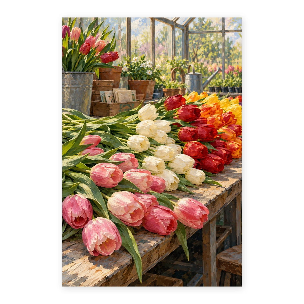 Red, ivory and pink tulips on a greenhouse bench paint by numbers canvas shown in full on a white background.