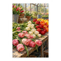 Red, ivory and pink tulips on a greenhouse bench paint by numbers canvas shown in full on a white background.