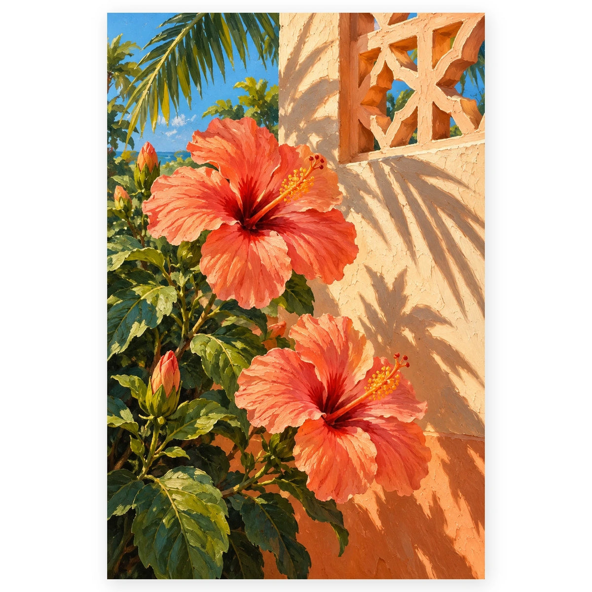 Coral Hibiscus Lattice Patio paint by numbers artwork on a front-facing canvas against a white background.