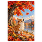 Corgi Under Maple Tree paint by numbers artwork on a front-facing canvas against a white background