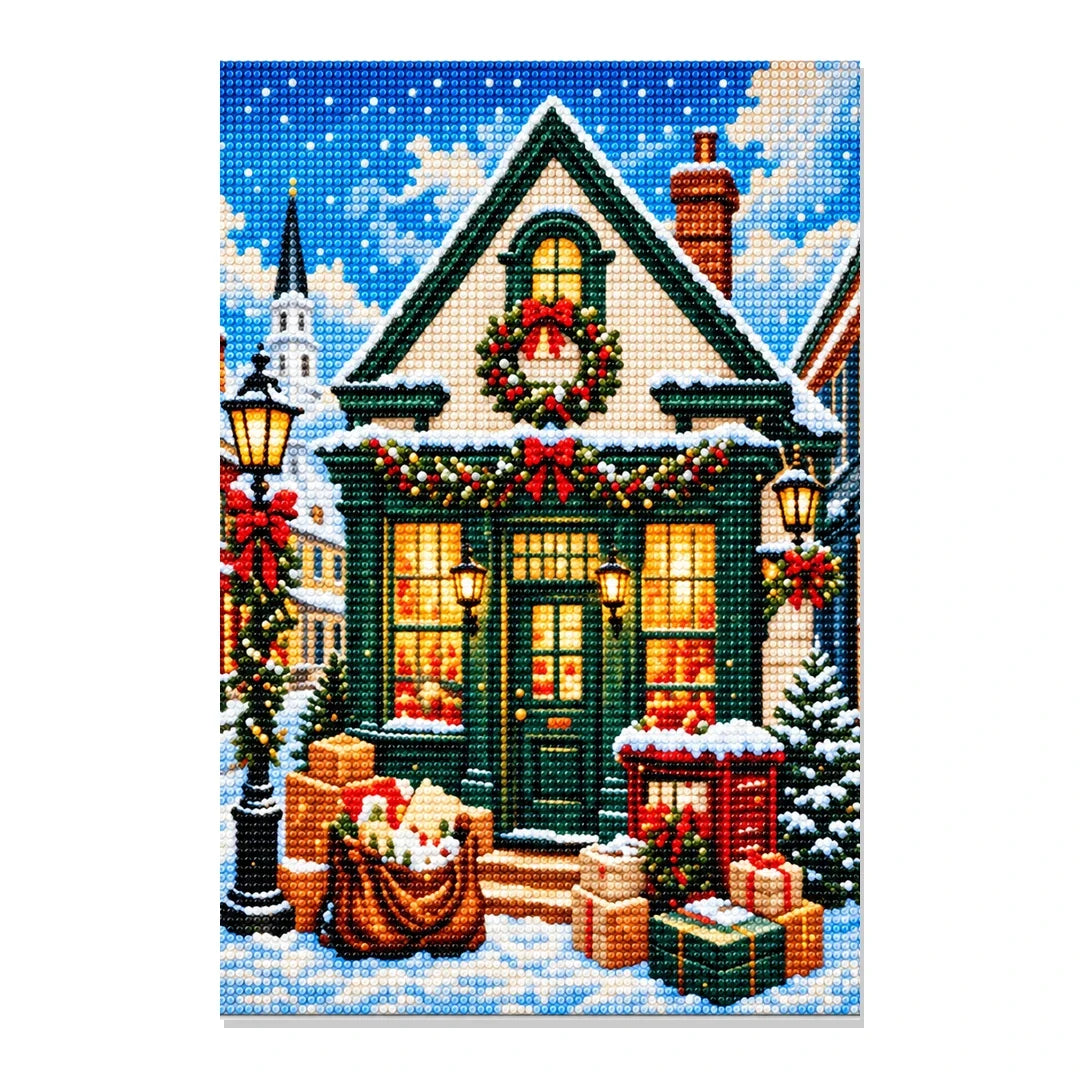 Completed Cozy Christmas Cottage 20 × 30 cm diamond painting on white