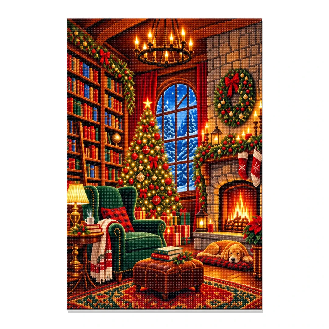 Completed Cozy Christmas Library 20 × 30 cm diamond painting on white