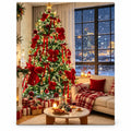 Cozy Christmas Tree with Red Bows by a Snowy Window paint by numbers artwork on a front-facing canvas against a white background