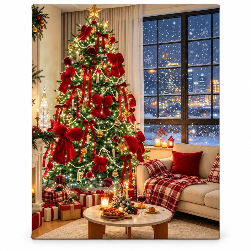 Cozy Christmas Tree with Red Bows by a Snowy Window paint by numbers artwork on a front-facing canvas against a white background