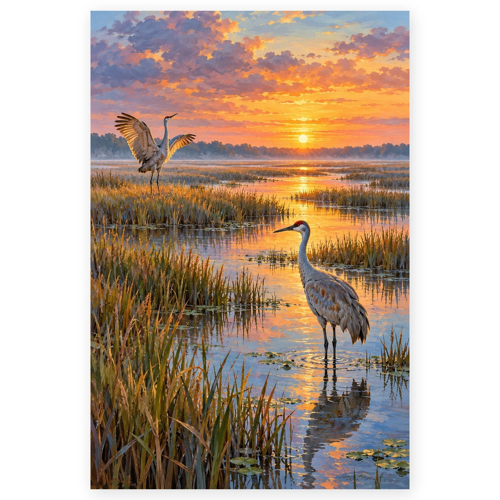 Cranes in a Reed Marsh paint by numbers artwork on a front-facing canvas against a white background