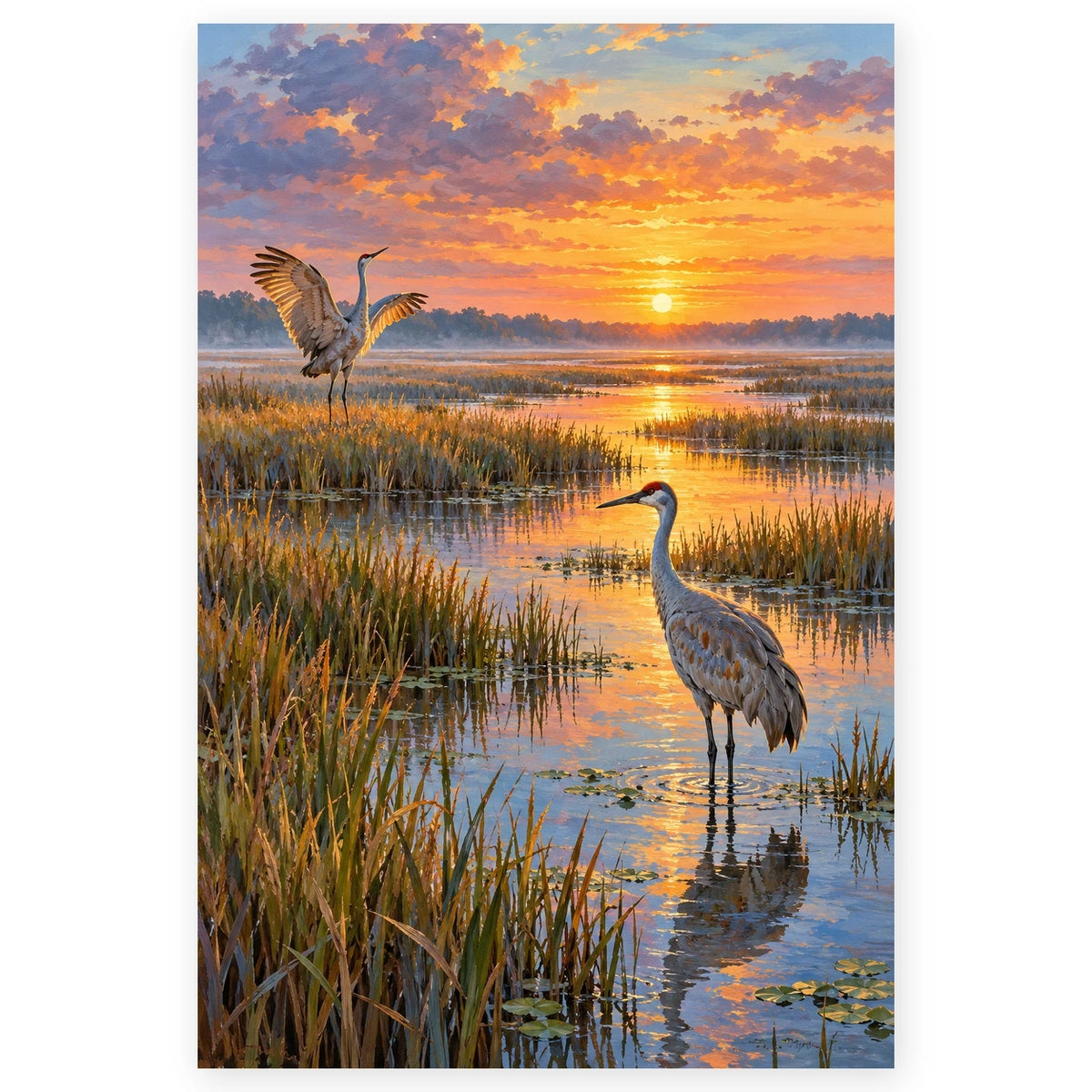 Cranes in a Reed Marsh paint by numbers artwork on a front-facing canvas against a white background