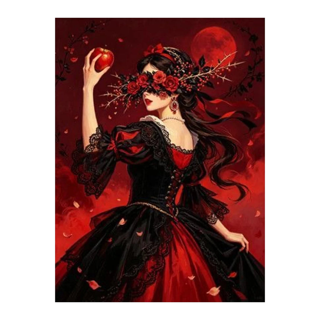 White-background original artwork of a crimson rose bride holding a red apple beneath a red moon