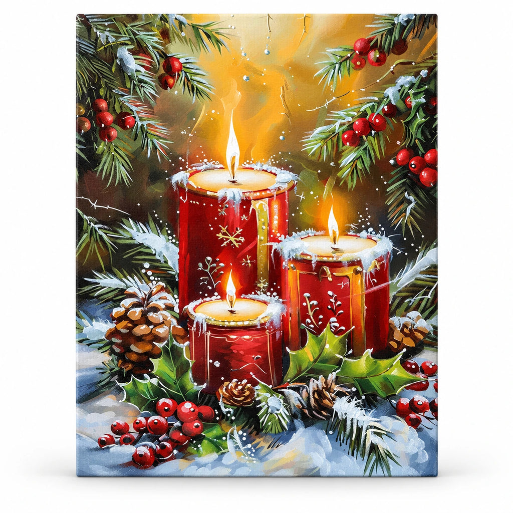Crimson Candlelight Christmas paint by numbers artwork on a front-facing canvas against a white background
