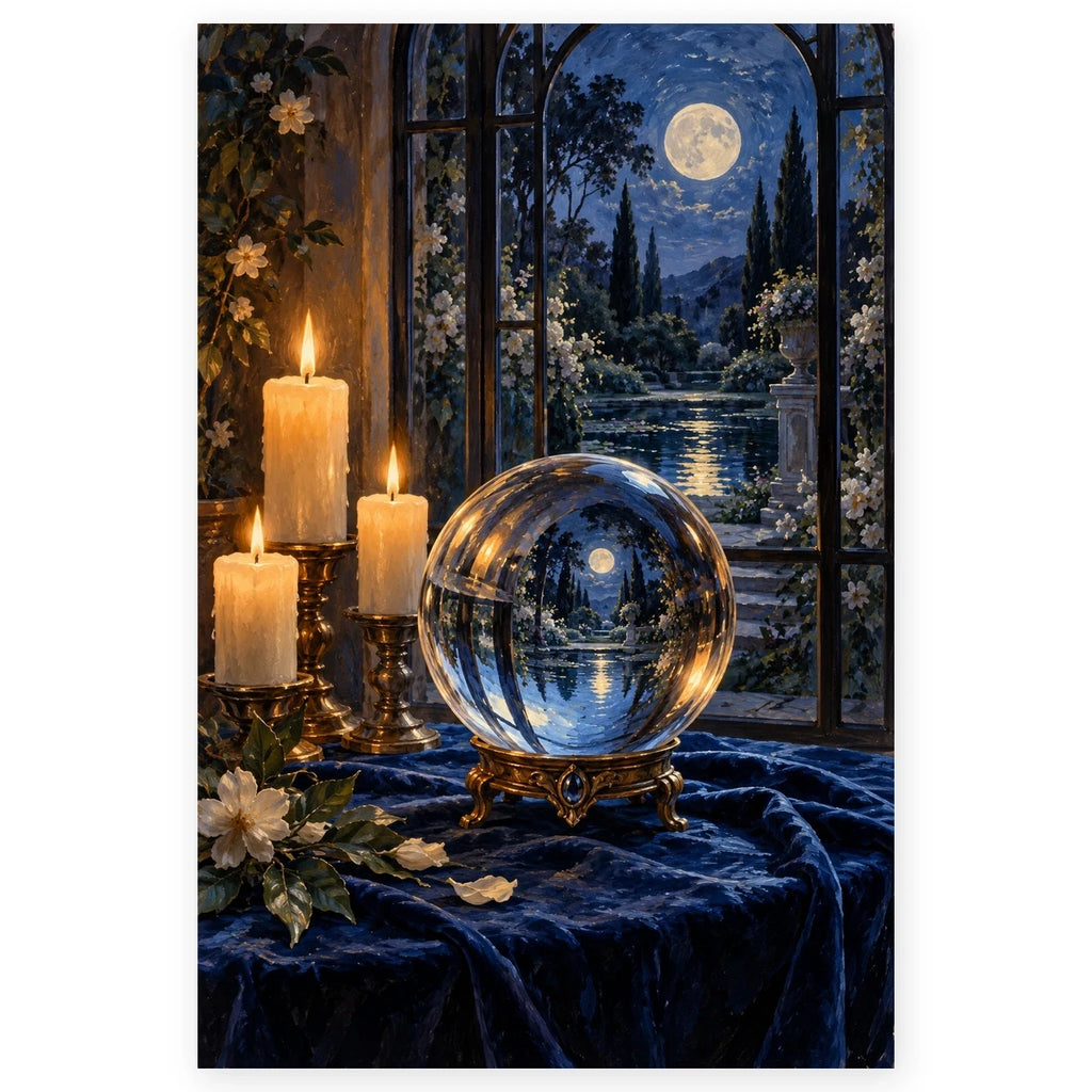 A glass crystal ball reflecting a moonlit garden in an arched window, surrounded by glowing candles and white flowers. Full original portrait artwork on a clean white background with a subtle soft shadow and original proportions preserved.