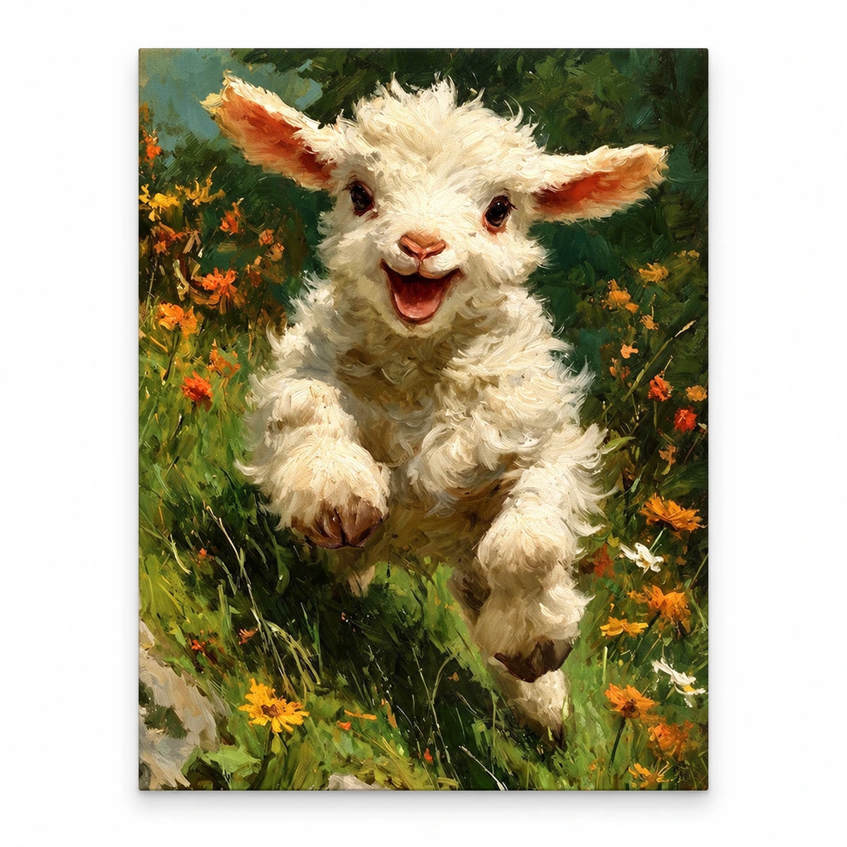 Curly Lamb in a Wildflower Meadow paint by numbers artwork on a front-facing canvas against a white background