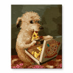 Curly Puppy Eating Pizza artwork on a front-facing frameless canvas against a white background.