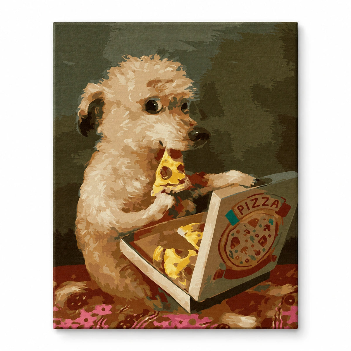 Curly Puppy Eating Pizza artwork on a front-facing frameless canvas against a white background.