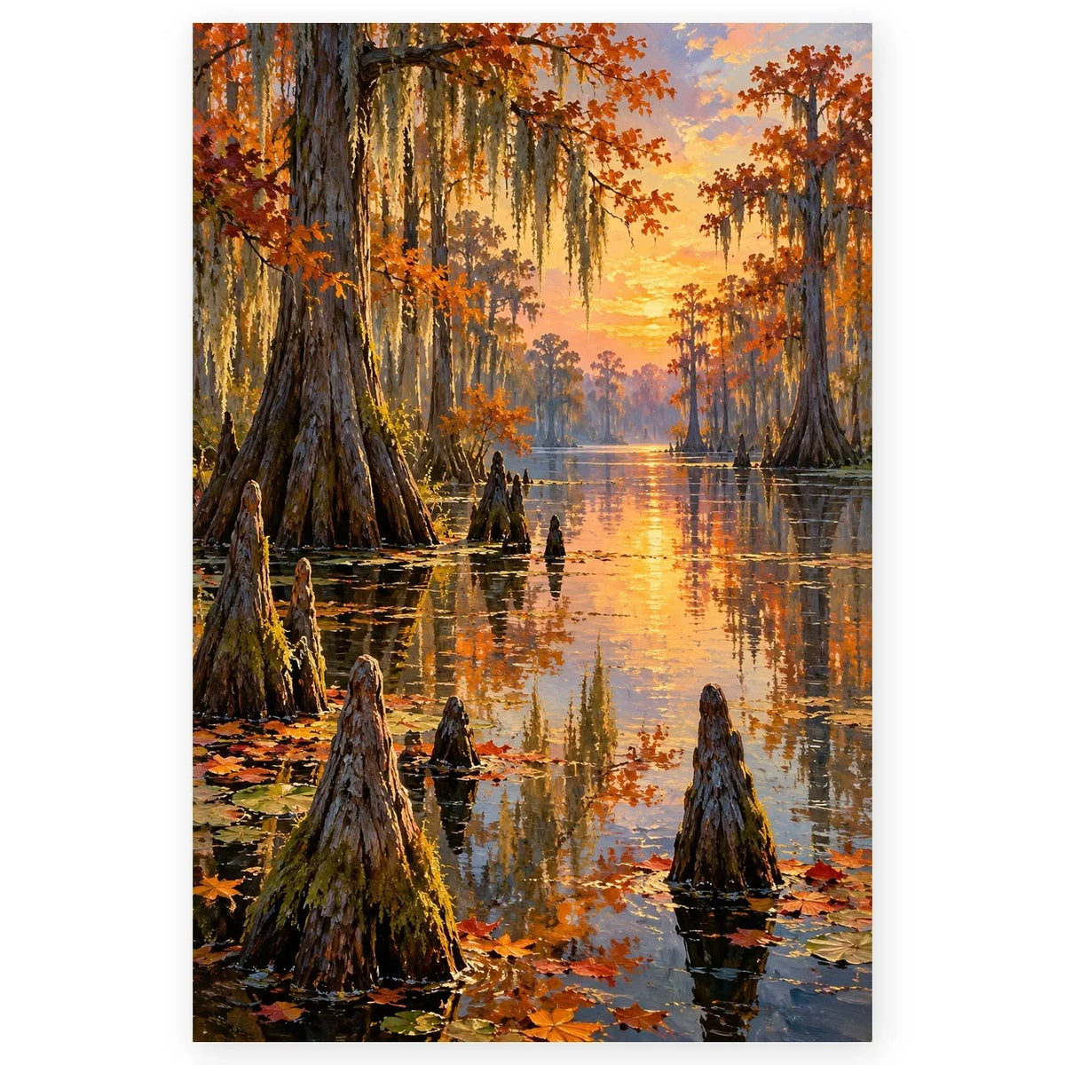 Cypress Swamp Autumn paint by numbers artwork on a front-facing canvas against a white background