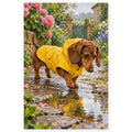 Dachshund Raincoat Puddle paint by numbers artwork on a front-facing canvas against a white background