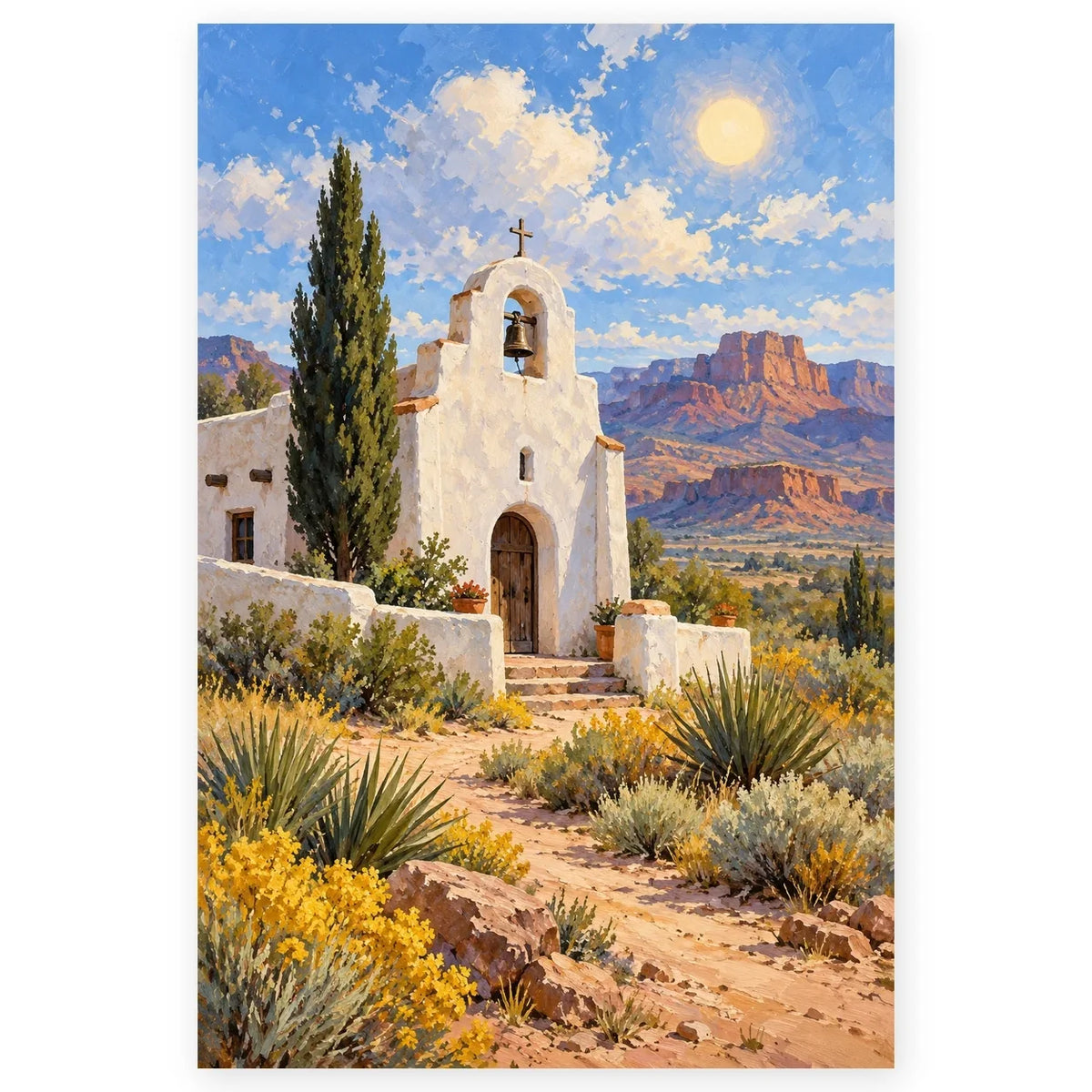 Full desert mission bell tower paint by numbers artwork on a clean white background.