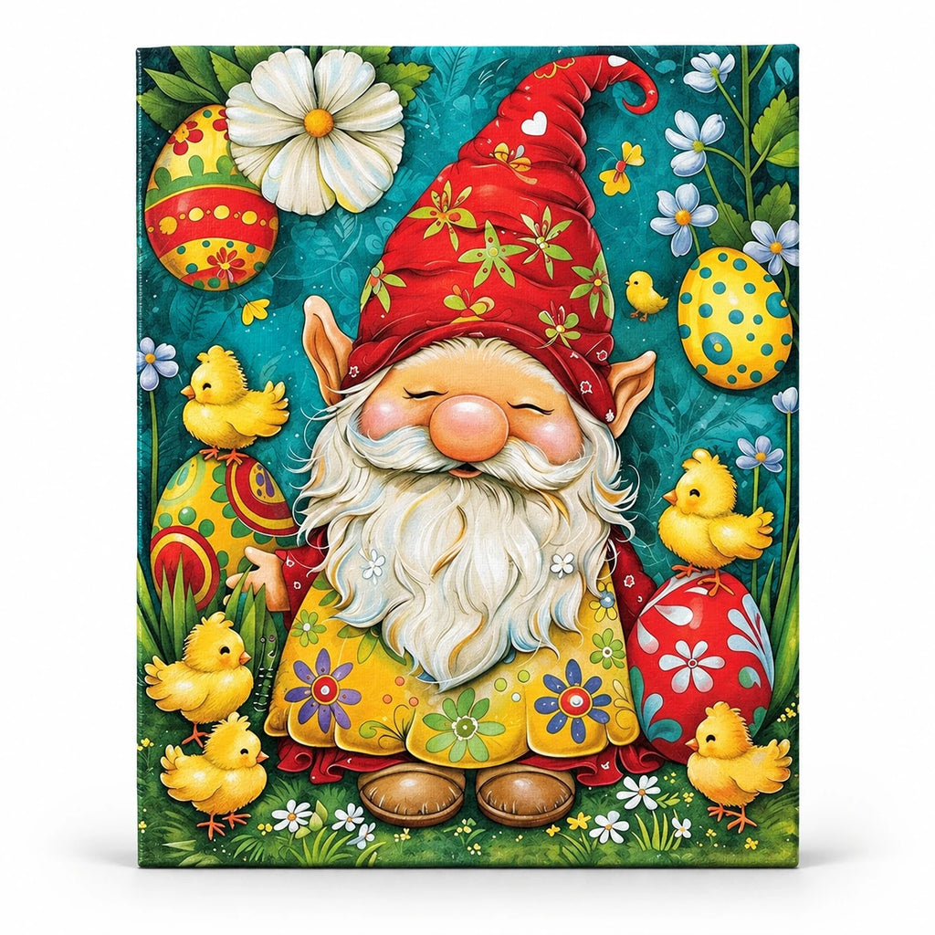Easter Gnome Among Spring Blooms paint by numbers artwork on a front-facing canvas against a white background