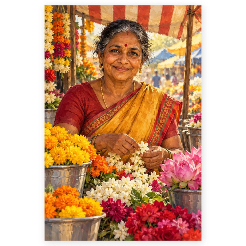 An older woman florist in a yellow sari arranges white flowers at a colorful market stall filled with marigolds and lotuses. Full original portrait artwork on a clean white background with a subtle soft shadow and original proportions preserved.
