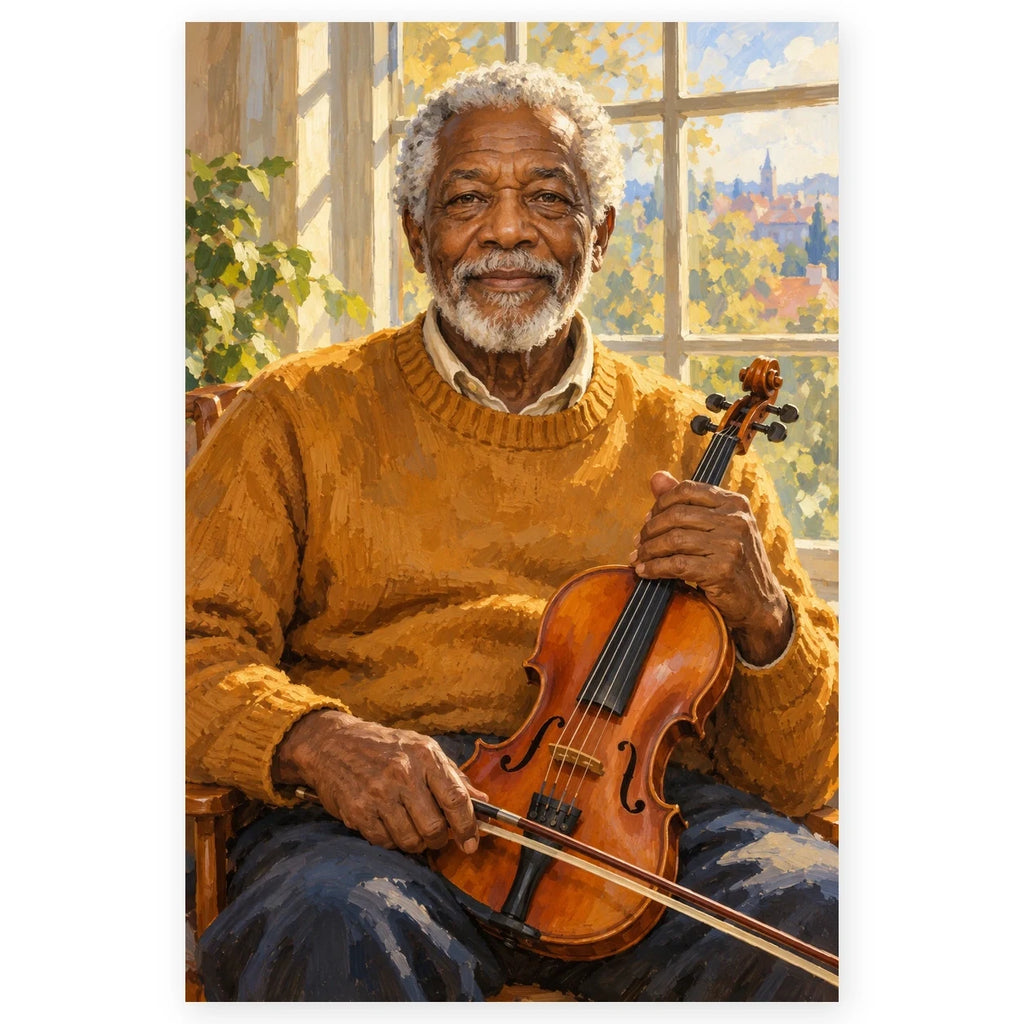An elderly Black violinist in a mustard sweater holds his instrument by a bright window overlooking a city. Full original portrait artwork on a clean white background with a subtle soft shadow and original proportions preserved.