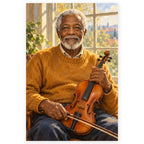 An elderly Black violinist in a mustard sweater holds his instrument by a bright window overlooking a city. Full original portrait artwork on a clean white background with a subtle soft shadow and original proportions preserved.