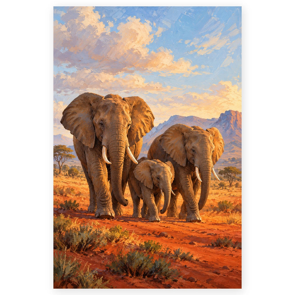 Elephant Family on Red Earth paint by numbers artwork on a front-facing canvas against a white background