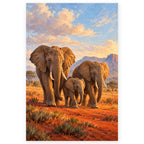 Elephant Family on Red Earth paint by numbers artwork on a front-facing canvas against a white background