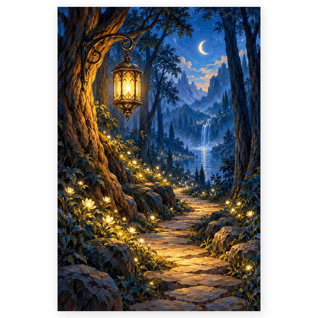 An ornate glowing lantern hangs above a moonlit stone path through a deep blue forest toward a waterfall and mountain lake. Full original portrait artwork on a clean white background with a subtle soft shadow and original proportions preserved.