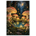 Large red-capped mushrooms and glowing lights surround a moonlit waterfall and lake in an enchanted forest. Full original portrait artwork on a clean white background with a subtle soft shadow and original proportions preserved.