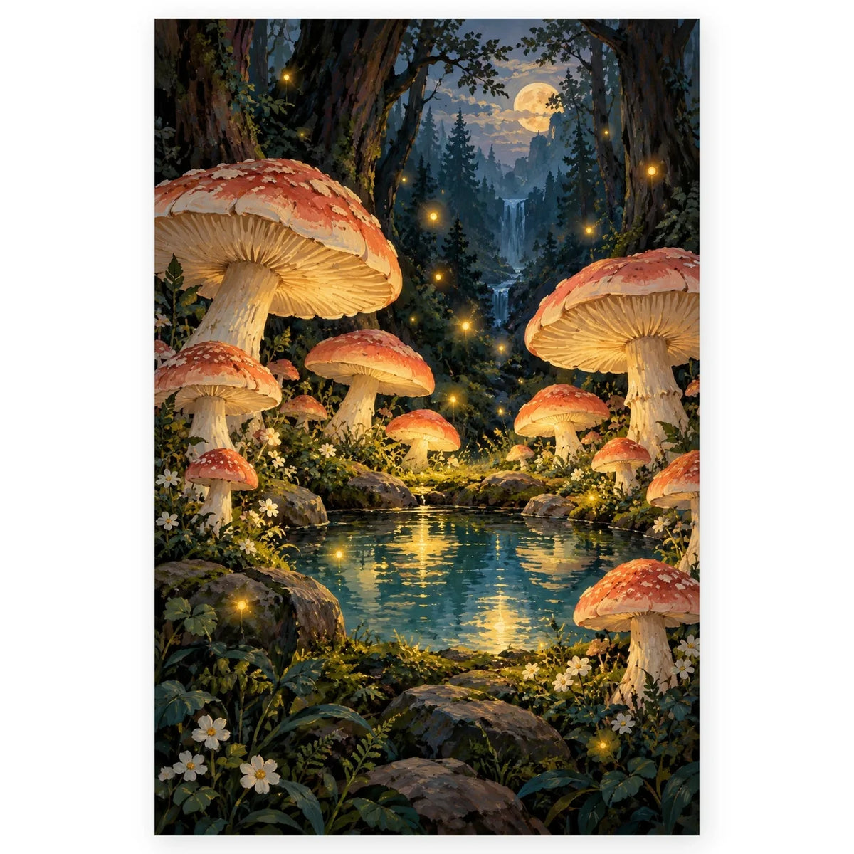 Large red-capped mushrooms and glowing lights surround a moonlit waterfall and lake in an enchanted forest. Full original portrait artwork on a clean white background with a subtle soft shadow and original proportions preserved.