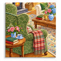 English Cottage Green Wingback Chair and Red Plaid Throw paint by numbers artwork on a front-facing canvas against a white background