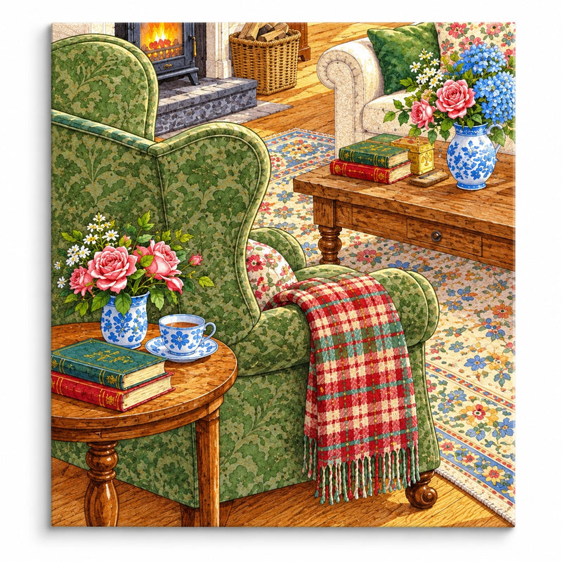 English Cottage Green Wingback Chair and Red Plaid Throw paint by numbers artwork on a front-facing canvas against a white background