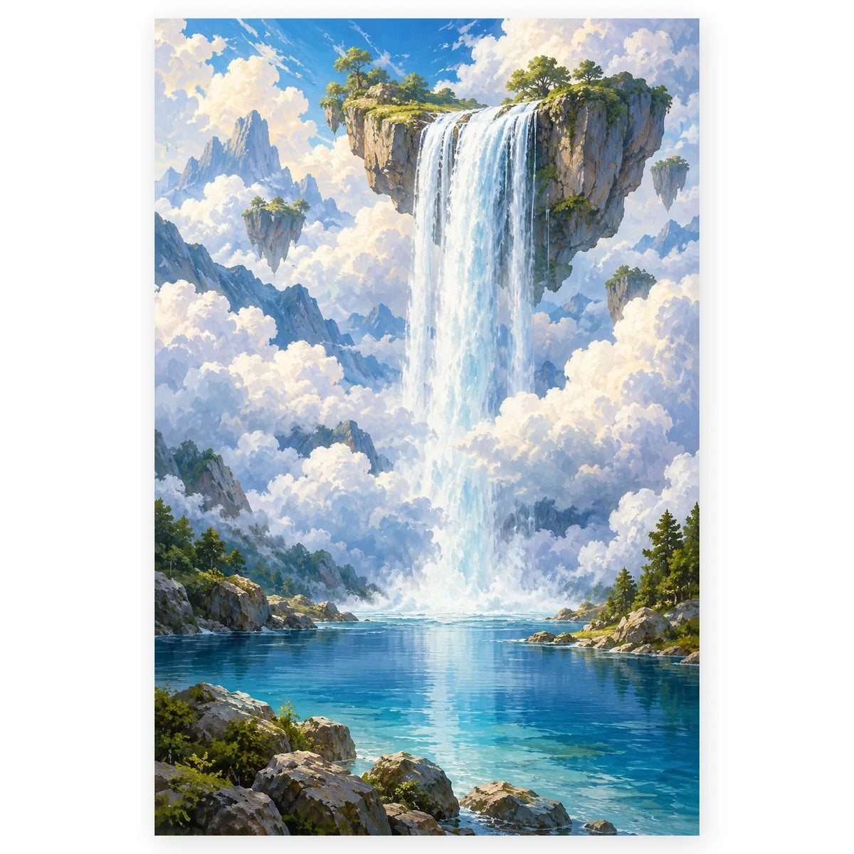 Full Fantasy Waterfall Through Clouds paint by numbers artwork on a clean white square, complete design shown at its original proportions with a subtle soft shadow.