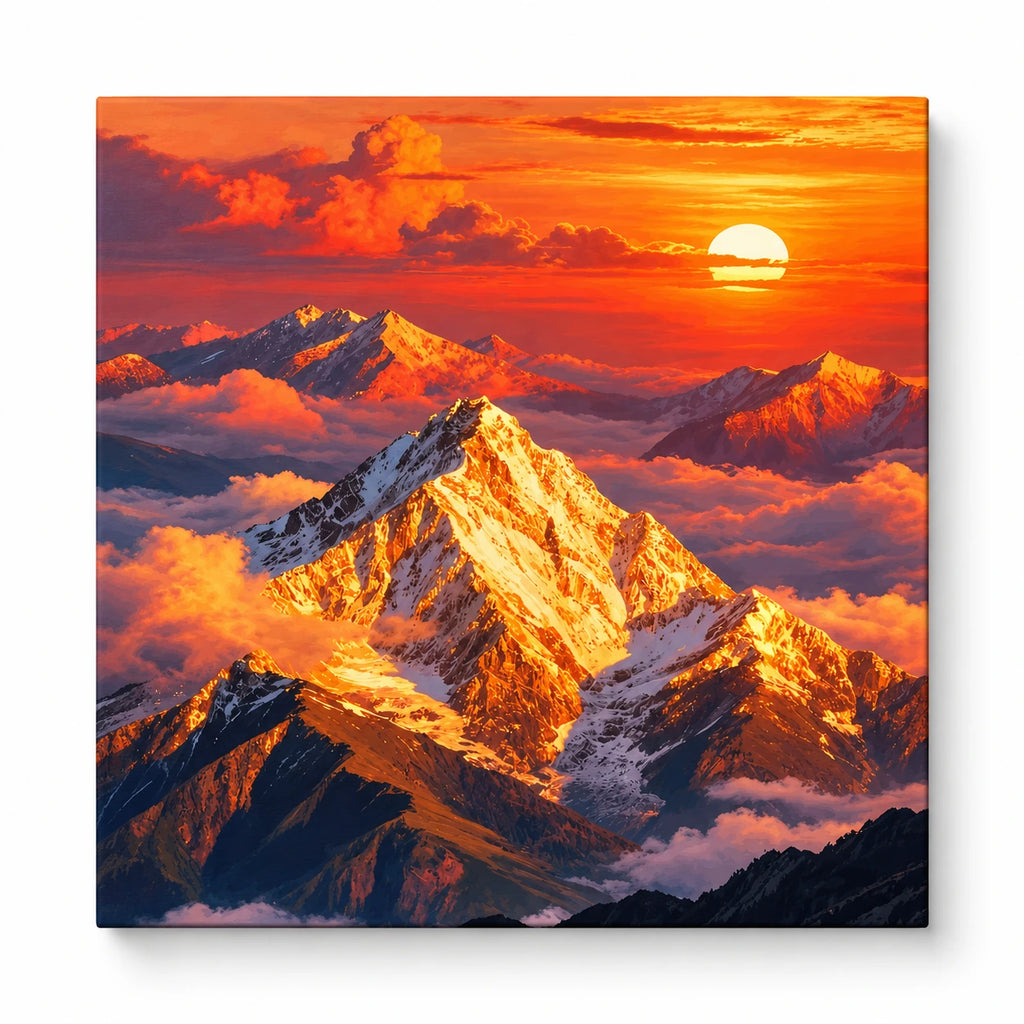 Fiery Sunset Snowy Mountain paint by numbers artwork on a front-facing canvas against a white background