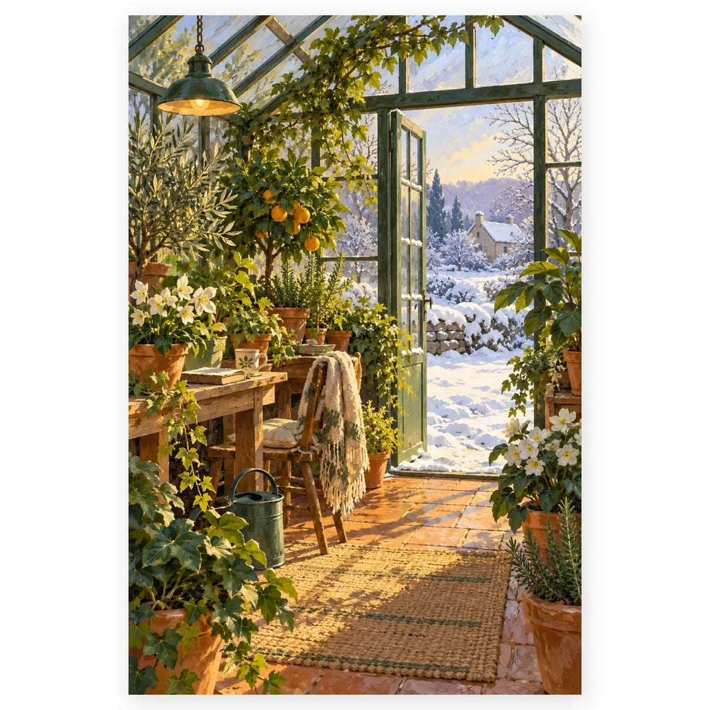 First Snow Greenhouse Window Paint by Numbers Kit artwork on a front-facing canvas against a white background.