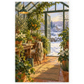 First Snow Greenhouse Window Paint by Numbers Kit artwork on a front-facing canvas against a white background.