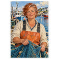 A red-haired fisherwoman in an orange apron repairs a blue fishing net beside boats in a coastal harbor. Full original portrait artwork on a clean white background with a subtle soft shadow and original proportions preserved.