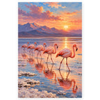 Flamingos on a Salt Flat at Sunset paint by numbers artwork on a front-facing canvas against a white background