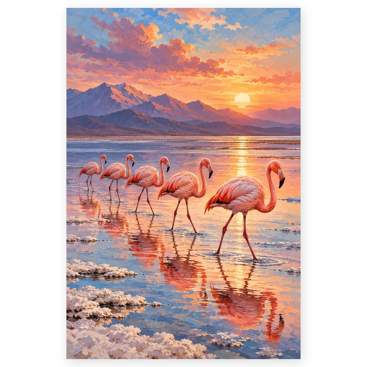 Flamingos on a Salt Flat at Sunset paint by numbers artwork on a front-facing canvas against a white background