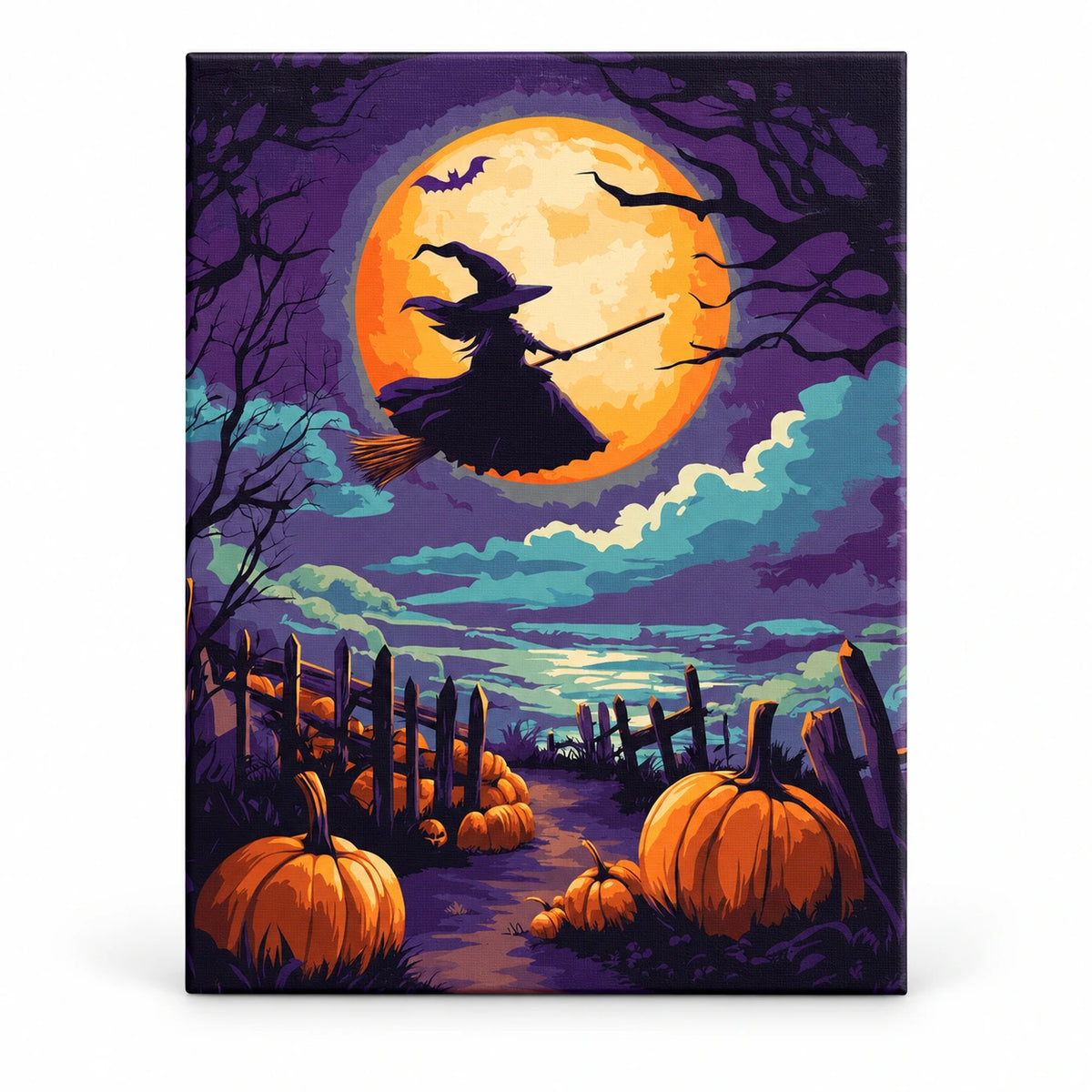 Flight of the Harvest Witch paint by numbers artwork on a front-facing canvas against a white background