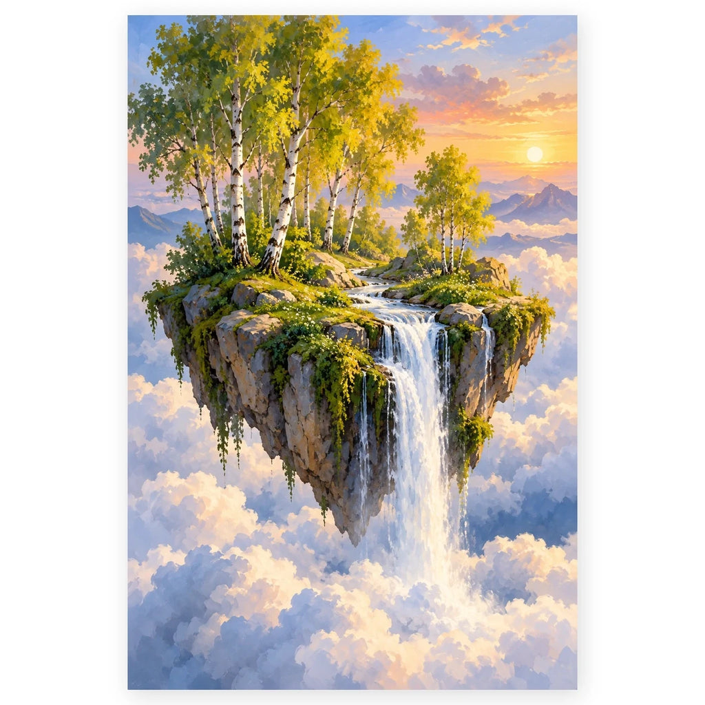 Full Floating Island Waterfall paint by numbers artwork on a clean white square, complete design shown at its original proportions with a subtle soft shadow.
