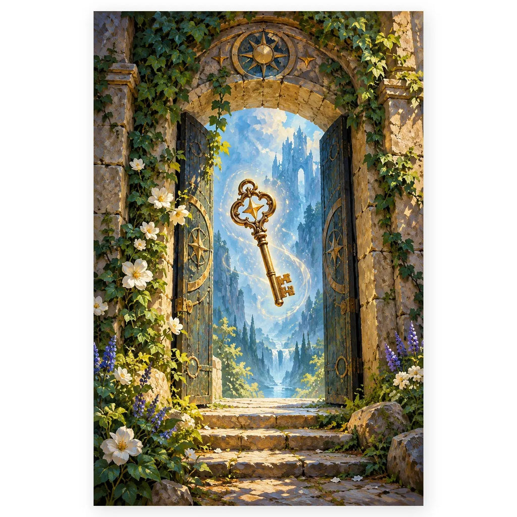 An ornate golden key floats in a sunlit stone doorway opening onto a distant castle and garden. Full original portrait artwork on a clean white background with a subtle soft shadow and original proportions preserved.