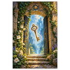 An ornate golden key floats in a sunlit stone doorway opening onto a distant castle and garden. Full original portrait artwork on a clean white background with a subtle soft shadow and original proportions preserved.