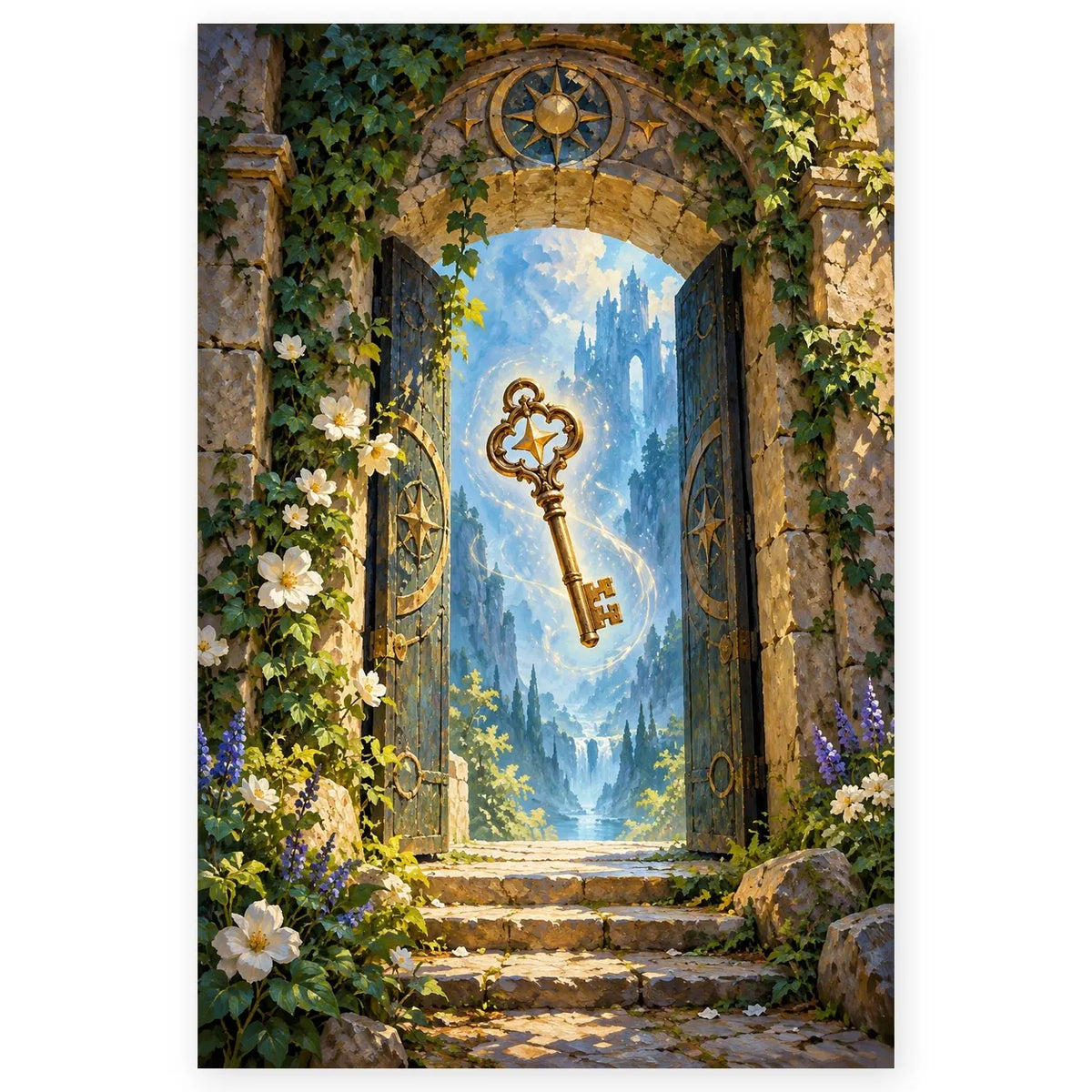 An ornate golden key floats in a sunlit stone doorway opening onto a distant castle and garden. Full original portrait artwork on a clean white background with a subtle soft shadow and original proportions preserved.