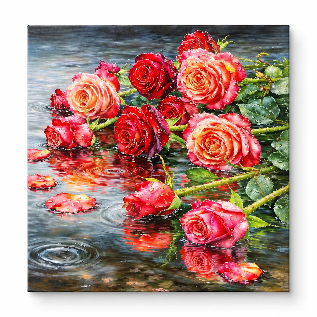 Floating Red Roses on Reflective Pond paint by numbers artwork on a front-facing canvas against a white background