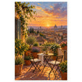 `01-florence-rooftop-terrace-duomo-sunset-hero.webp` — Full portrait paint by numbers canvas showing a flower-filled Florence rooftop terrace at sunset with the Duomo dome and city skyline.
