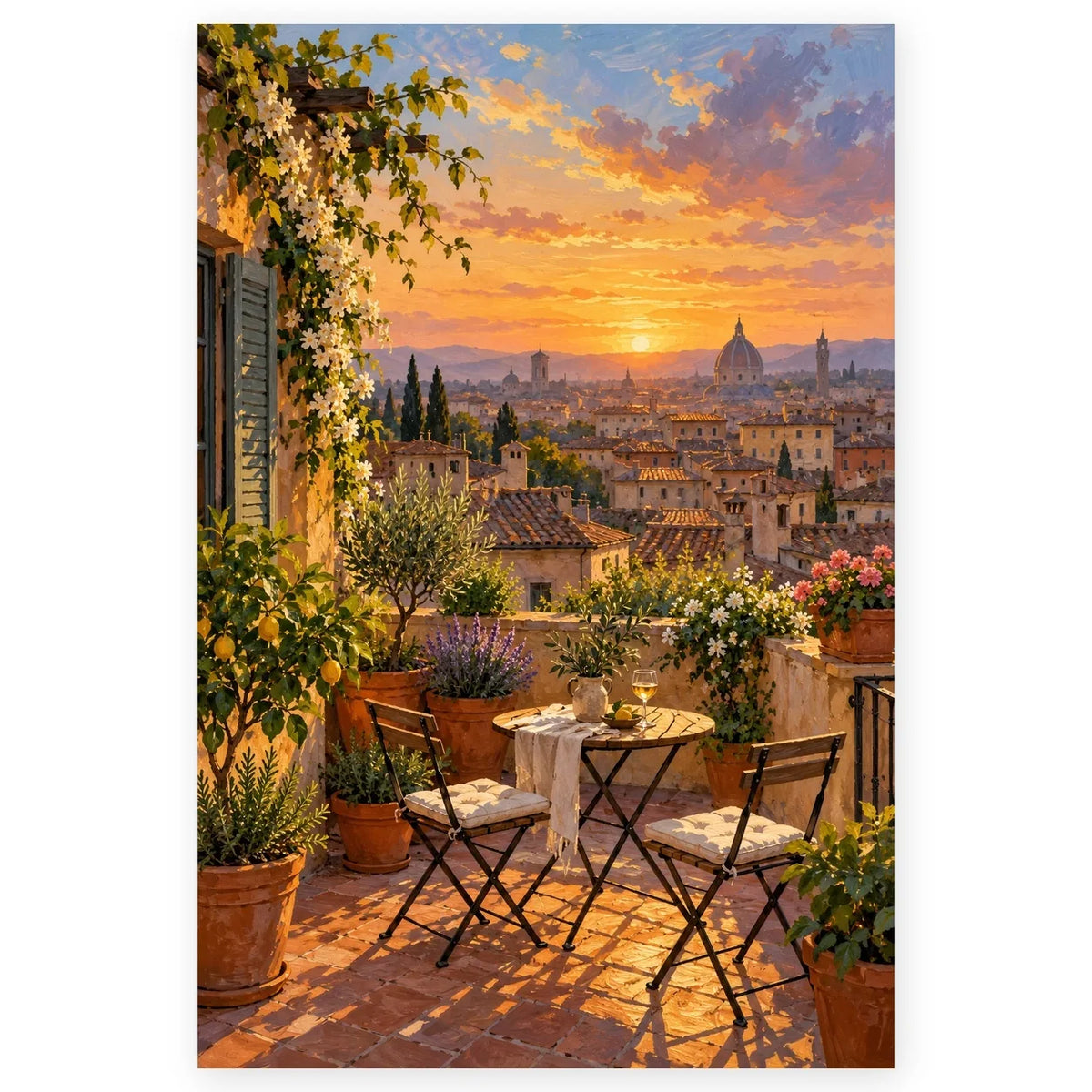 `01-florence-rooftop-terrace-duomo-sunset-hero.webp` — Full portrait paint by numbers canvas showing a flower-filled Florence rooftop terrace at sunset with the Duomo dome and city skyline.